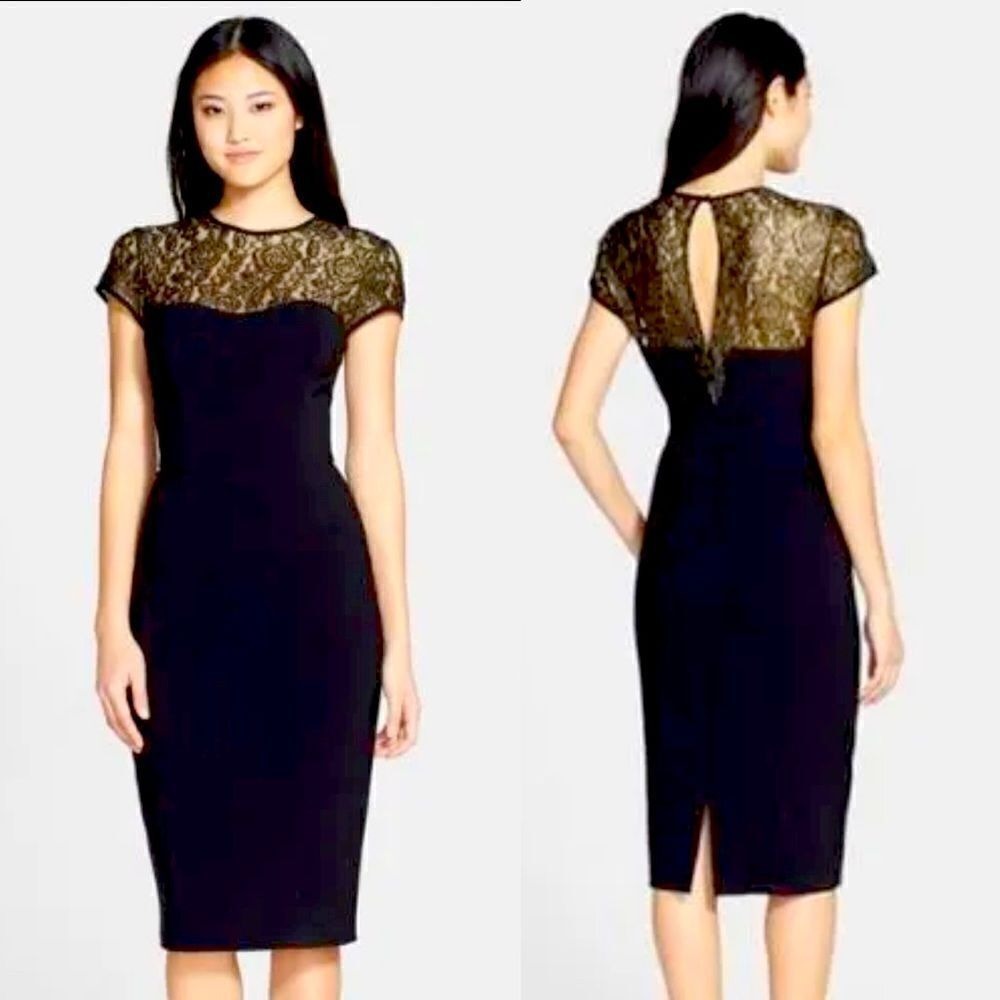 Maggy London Black Stretch Crepe Gold Lace Illusion Dress, Black, Size 8,‎ NWT